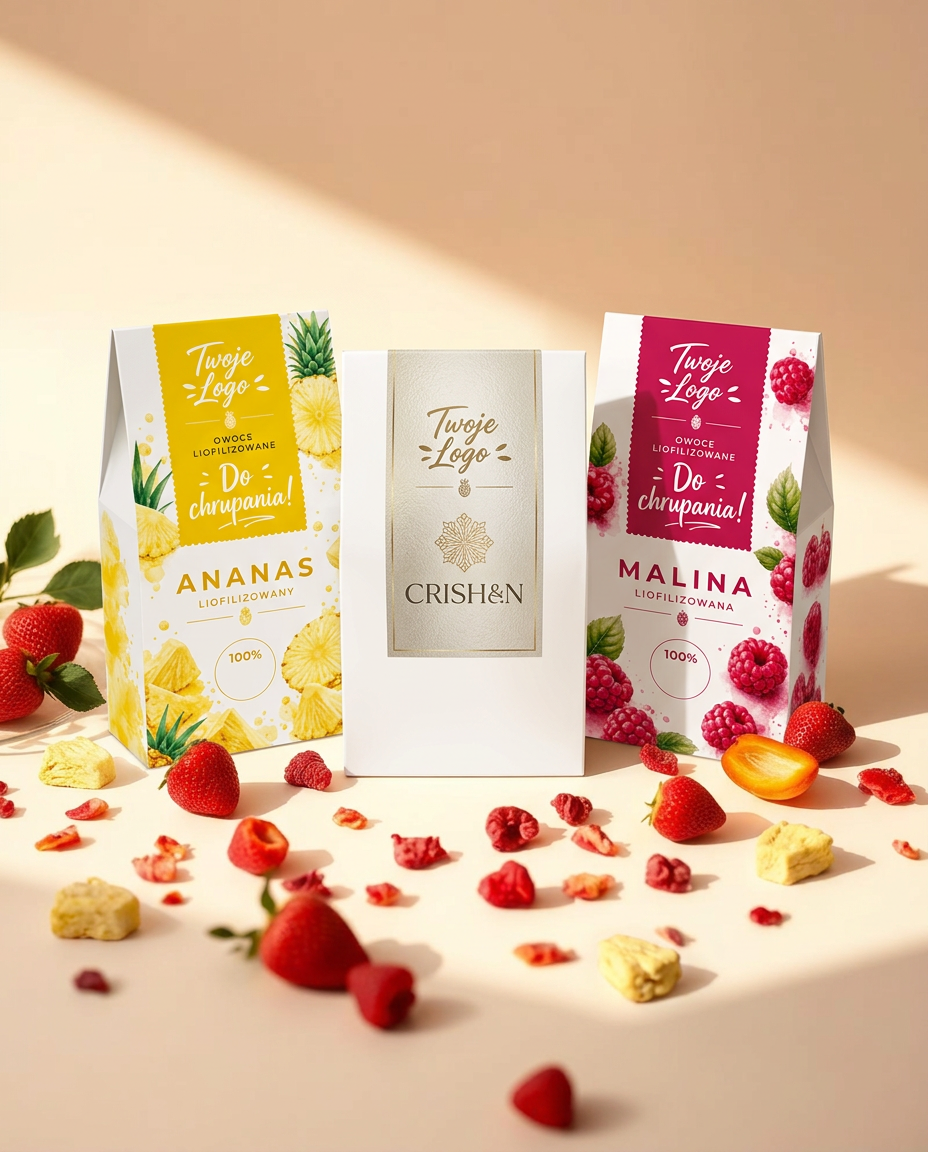Owoce liofilizowane — truskawka, malina, mango w eleganckich opakowaniach